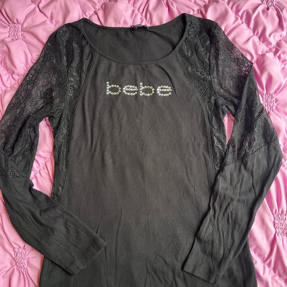 Bebe Black Lace Long Sleeve Top — Size Large!!